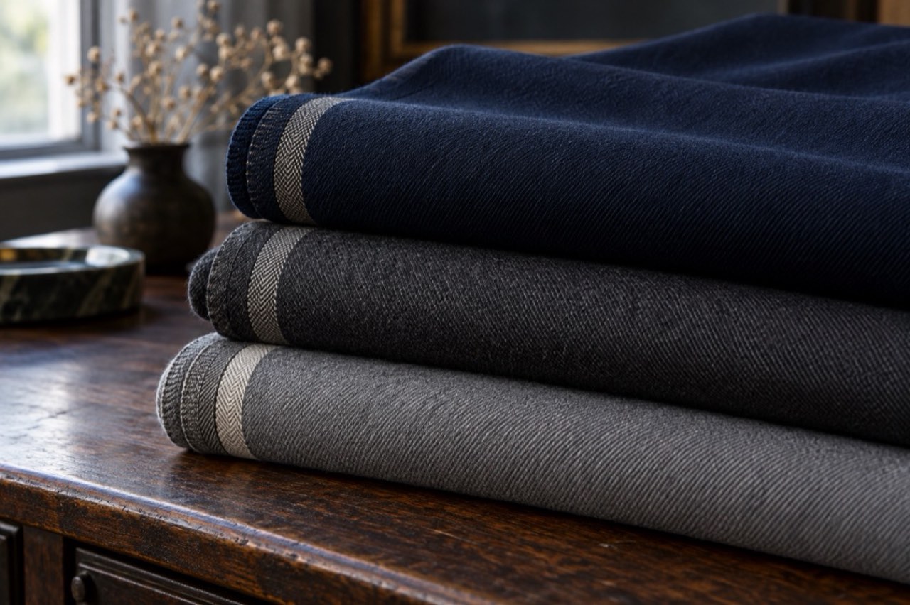 Three folded lengths of wool twill in navy, charcoal and mid grey stacked on a wooden table, each with a striped woven edge.