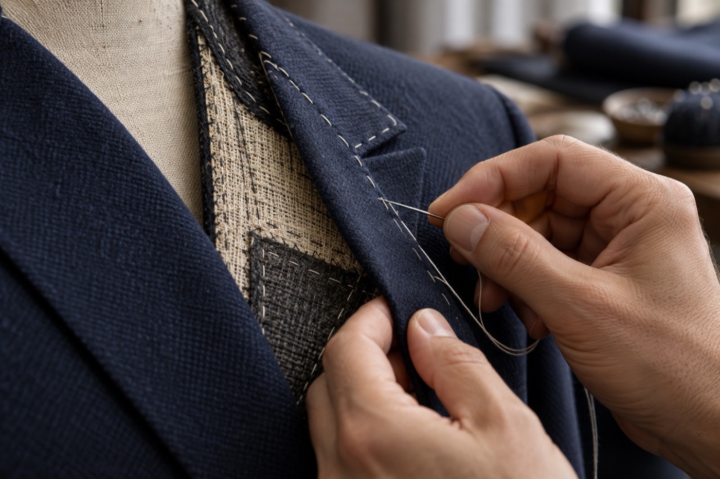 Hands sewing the lapel of an unfinished navy jacket on a dress form, with the canvas and basting stitches showing underneath.